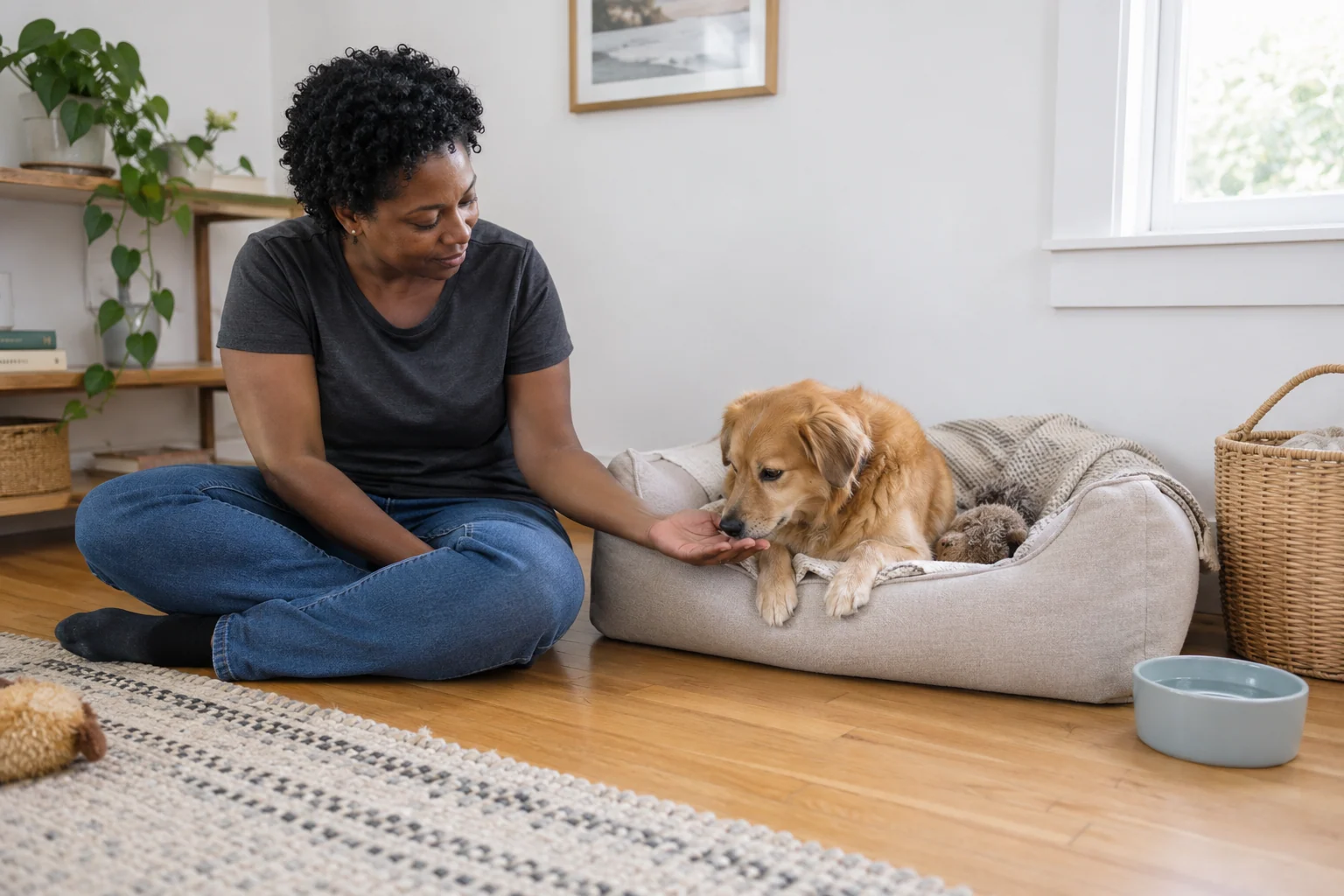 A caregiver sitting beside a dog settling into its own bed
