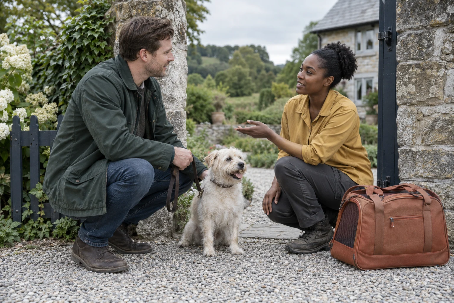 An owner and caregiver discussing collection beside a relaxed dog