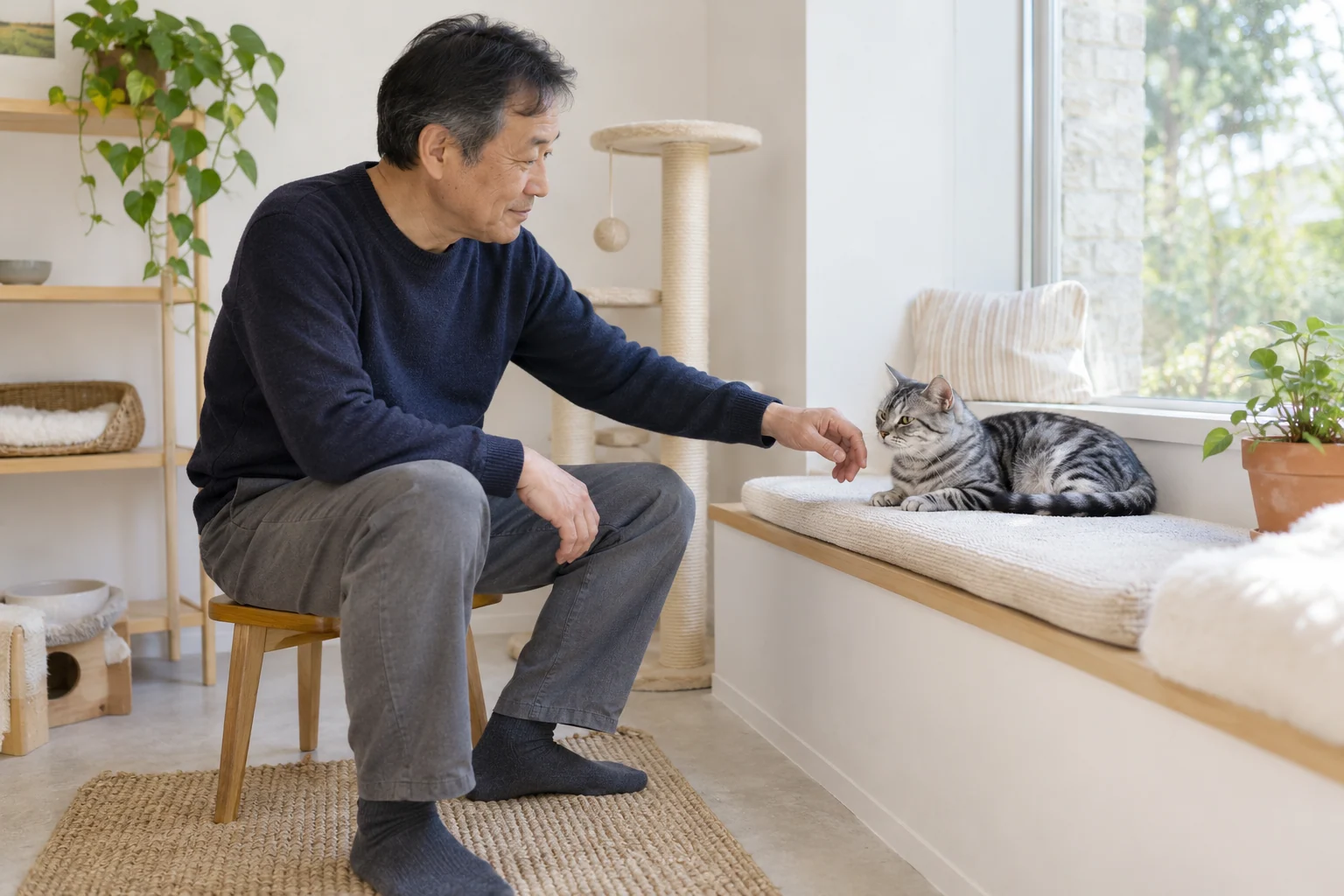 A caregiver sitting near a grey tabby cat beside a bright window