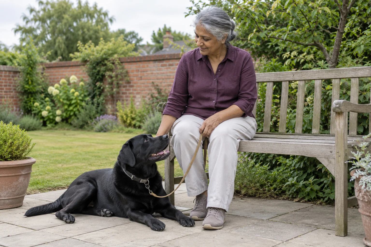 A caregiver sharing a quiet garden moment with a black Labrador