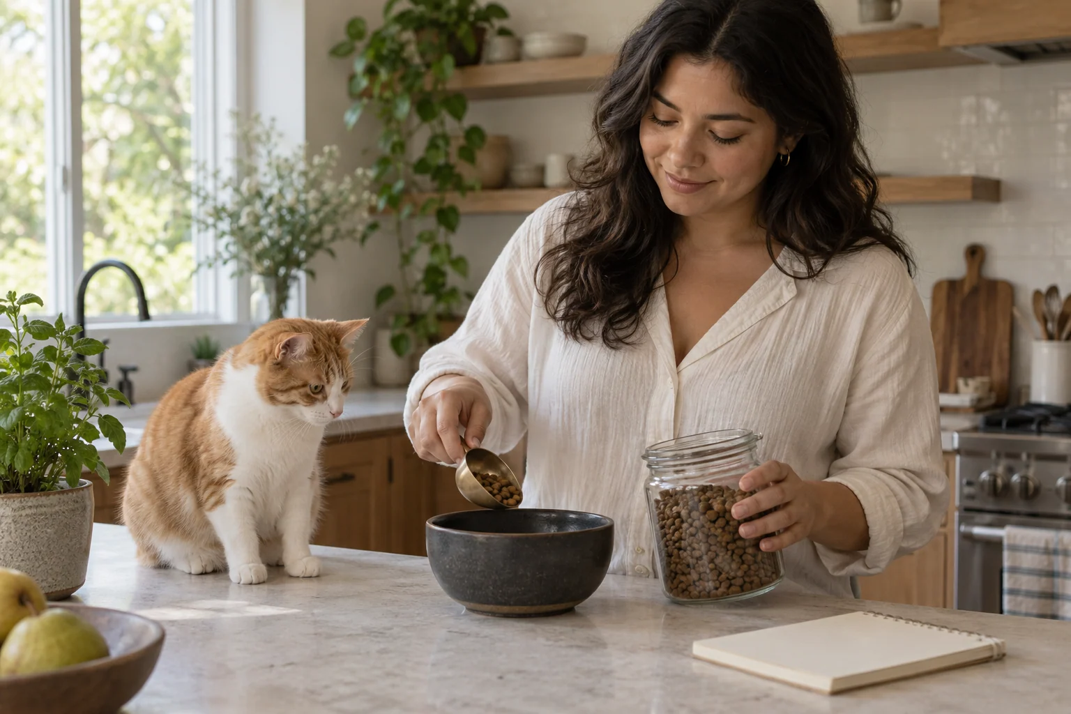An owner measuring a cat’s usual food beside a blank notepad