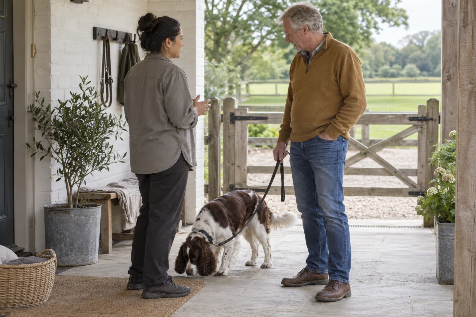 An owner and caregiver welcoming a dog through a bright entrance