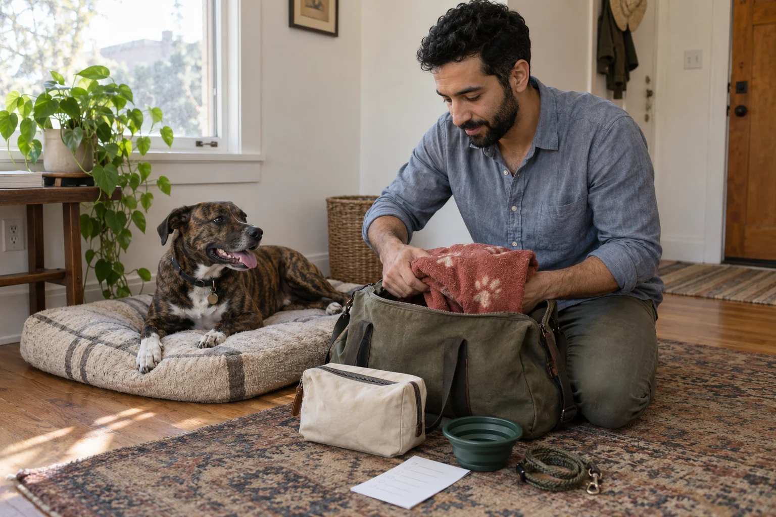 An owner packing a dog’s familiar blanket and bag at home