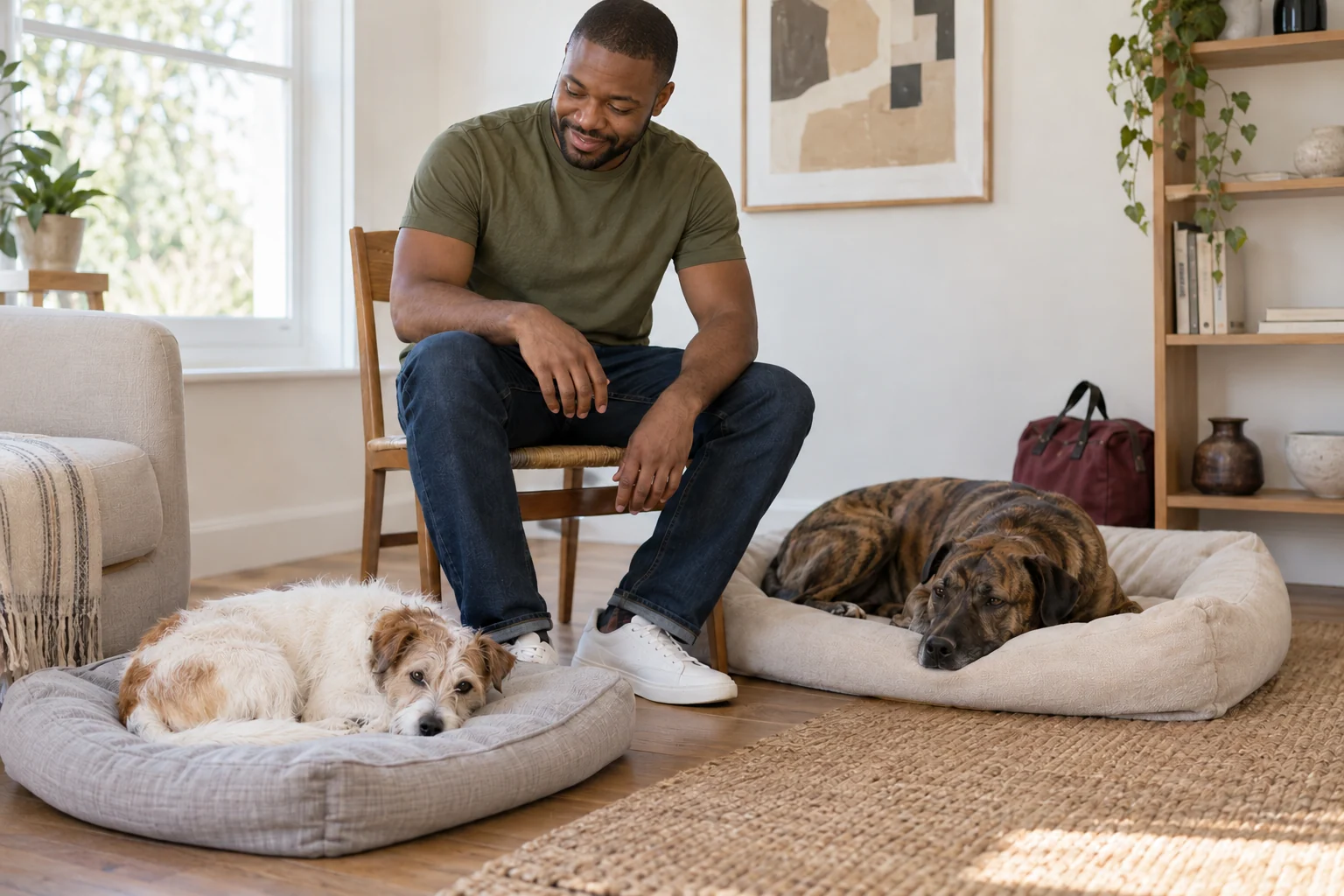 A caregiver offering quiet company to two dogs in a bright sitting room